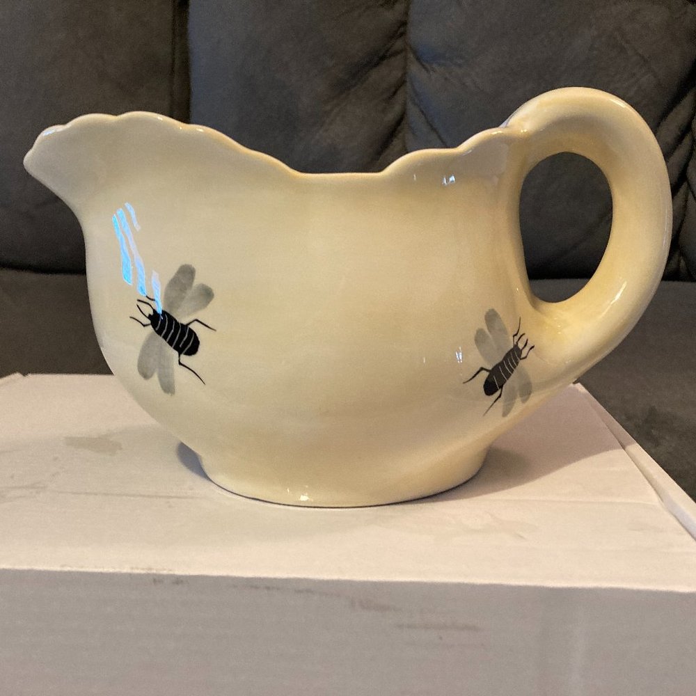 1960's Folk Art-Pale Yellow Ceramic Water Pitcher Bee Design-No Mark-8.5" L- 4"W